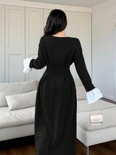 Mulvari فستان نسائي أنيق للشتاء، متباين اللون مع كشكشة في الخصر وأكمام ضيقة مطوية للأسفل، لفصل الخريف