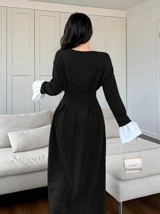 Mulvari فستان نسائي أنيق للشتاء، متباين اللون مع كشكشة في الخصر وأكمام ضيقة مطوية للأسفل، لفصل الخريف