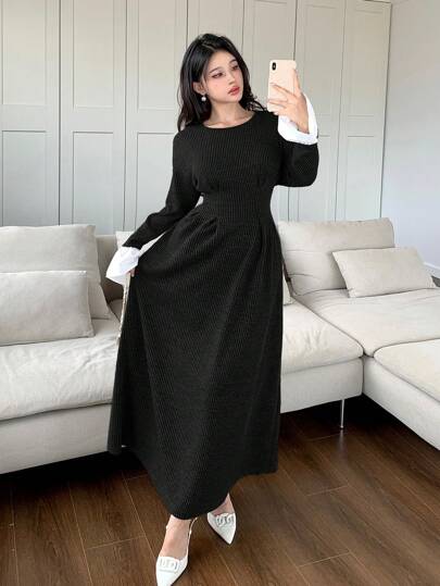 Mulvari فستان نسائي أنيق للشتاء، متباين اللون مع كشكشة في الخصر وأكمام ضيقة مطوية للأسفل، لفصل الخريف