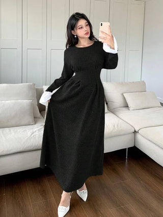 Mulvari فستان نسائي أنيق للشتاء، متباين اللون مع كشكشة في الخصر وأكمام ضيقة مطوية للأسفل، لفصل الخريف