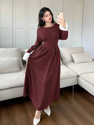 Mulvari فستان نسائي أنيق طويل الأكمام بياقة دائرية مكون من ألوان متداخلة للشتاء