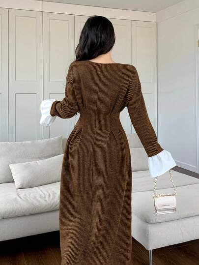 Mulvari فستان طويل كاجوال للنساء بياقة دائرية وأكمام طويلة، تصميم لون واحد ولحمة