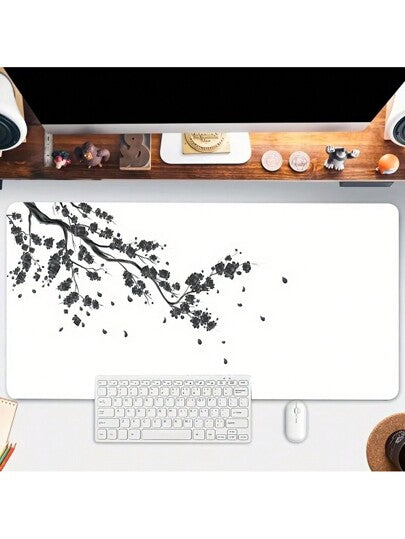 قطعة واحدة من حصيرة المكتب ذات تصميم الورود الوردية باللونين الأسود والأبيض كبيرة الحجم 35.4 * 15.7 بوصة، إكسسوار مكتبي، ذات حافة مخيطة وقاعدة مطاطية لا انزلاقية لوحة ماوس كبيرة للمكتب والمنزل
