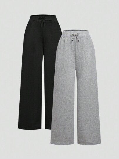 SHEIN 2 قطعة / عبوة للفتاة المراهقة ، سروال رياضي واسع الساق ، أساسي كاجوال عصري ، مناسب لجميع الفصول