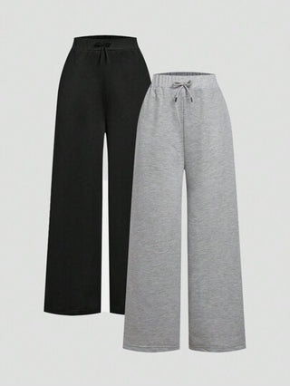 SHEIN 2 قطعة / عبوة للفتاة المراهقة ، سروال رياضي واسع الساق ، أساسي كاجوال عصري ، مناسب لجميع الفصول