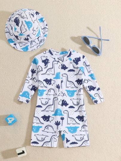 مايوه أولادي ملابس سباحة للأطفال الصبية، بدلة سباحة ذات أكمام طويلة مزينة برسوم ديناصورات كرتونية جميلة مع قبعة شمسية، مناسبة للعطلات الصيفية والشاطئ والتزلج على الماء والحدائق المائية