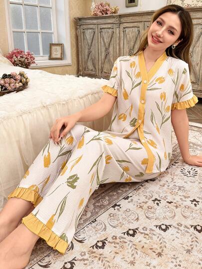 CottageSlumber مجموعة بيجامة برقبة مورّدة، أكمام قصيرة وبنطلون طويل متباين الألوان، طباعة زهرية على الكريب