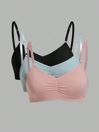 Shein Underwear&Sleepwear Basics طقم حمالات صدر صلبة اللون المتجعد 3قطعات/طقم بدون سلك