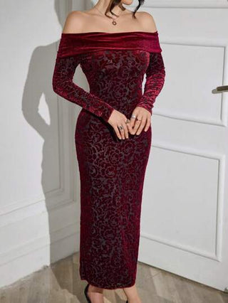 Modelyn فستان أنيق أرجواني أحمر، طباعة زهرية، قطعة واحدة، أكمام طويلة، ضيق، ماكسي، ملابس نسائية، فساتين مسائية طويلة