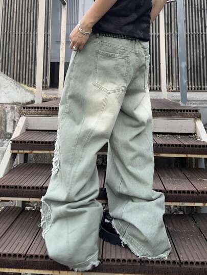 Manfinity Hypemode بنطال جينز للرجال غير رسمي، مغسول مزّين بحواف مبرشمة، واسع الساق، جينز فضفاض بسيط إطلالة ساقين واسعة، جينز كاركو أزرق فاتح مغسول، هدية للزوج أو الحبيب