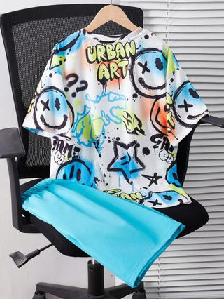 مجموعة تيشيرت كم قصير مطبوع برسومات الغرافيتي وشورت للفتى المراهق