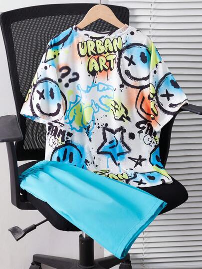 مجموعة تيشيرت كم قصير مطبوع برسومات الغرافيتي وشورت للفتى المراهق