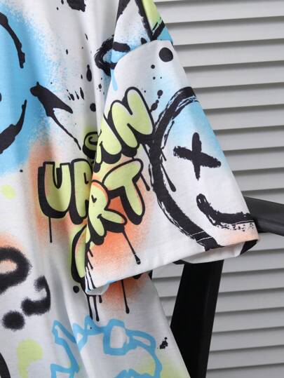 مجموعة تيشيرت كم قصير مطبوع برسومات الغرافيتي وشورت للفتى المراهق