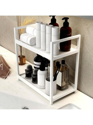 رف منظم ذو طابقين لحمام، رف دولاب التجميل والمكياج، رف ملح وتوابل مستقل للمطبخ، رف منظم حمام، رف تخزين مطبخ، رف تخزين معدني، رف تخزين أسفل الحوض، رف تخزين متعدد الوظائف من الحديد قطعة واحدة