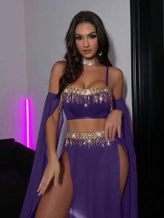 Fantasy Costume 5 قطع / مجموعة، مجموعة صدرية من الشبكة مع الترتر والشيلان، بدون سلك للنساء