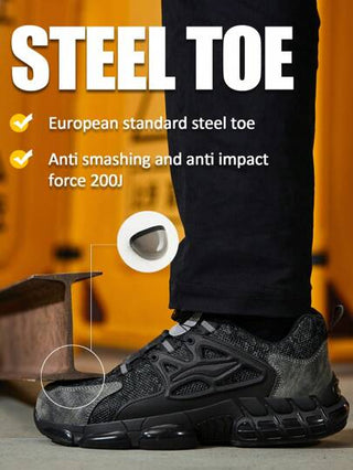 أحذية السلامة للرجال بنصل من الصلب، مضادة للسحق، مضادة للثقب، قابلة للتنفس، مقاومة للانزلاق، متينة، خفيفة الوزن وملائمة للعمل