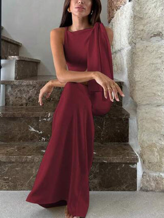فستان طويل أنيق للنساء قليل الأكمام ذو ياقة غير متماثلة، متواضع لارتداء في الأعياد والحفلات والإجازات في الربيع والصيف