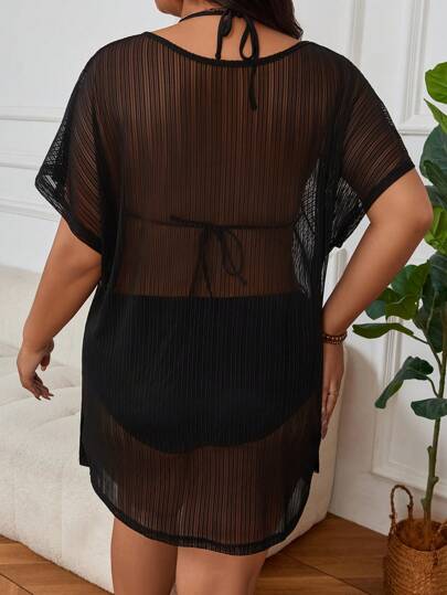 Swim Vcay غطاء صيفي فضفاض واسع من نسيج شبكي قصير الأكمام للمقاسات الكبيرة