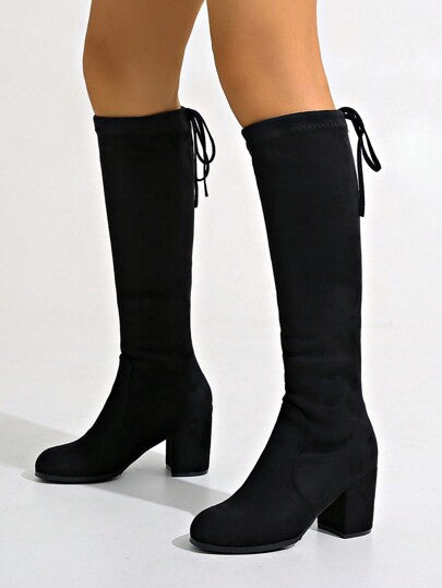 بوت فوق الركبة ذات كعب سميك مطاطي من الجلد المدبوغ للنساء باللون الأسود، بوت ذات كعب عالي موضة لفصلي الخريف/الشتاء، يمكن ارتداؤها مع الأحذية القصيرة والجينز والتنورة القصيرة