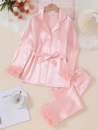 بيجاما بنطلون ولباس علوي شابة وردية موحد اللون مجموعة ملابس نوم أنيقة مزودة بأكمام طويلة وأطراف من الحرير