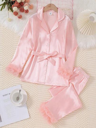 بيجاما بنطلون ولباس علوي شابة وردية موحد اللون مجموعة ملابس نوم أنيقة مزودة بأكمام طويلة وأطراف من الحرير