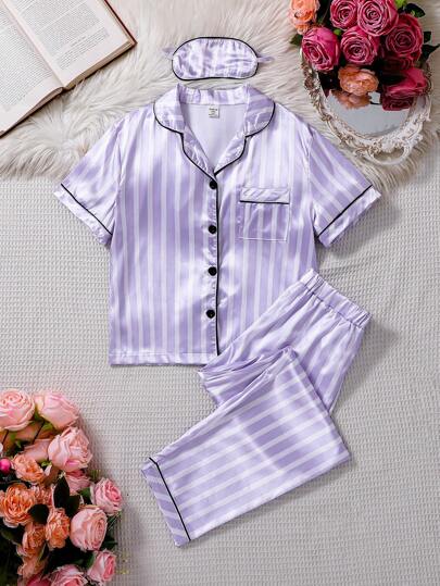 بيجاما مجموعة من 3 قطع للفتيات المراهقات تتكون من كاردجان مخطط باللون البنفسجي قصير الأكمام ، وبنطلون ،وعصابة للرأس ملابس كاجوال منزلية