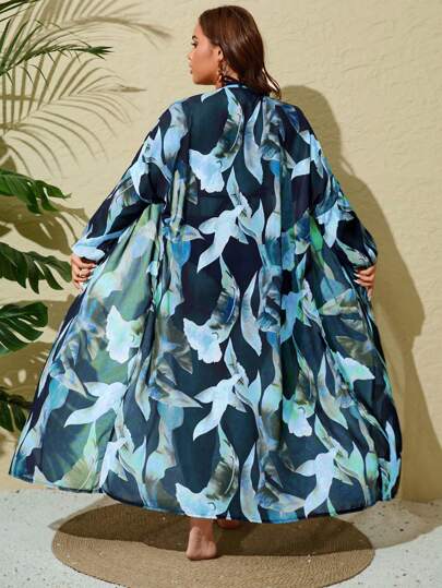 Swim Vcay كيمونو طويل مطبوع ذو أحزمة للنساء ذوات الحجم الكبير، غطاء أنيق للشاطئ والمنتجعات