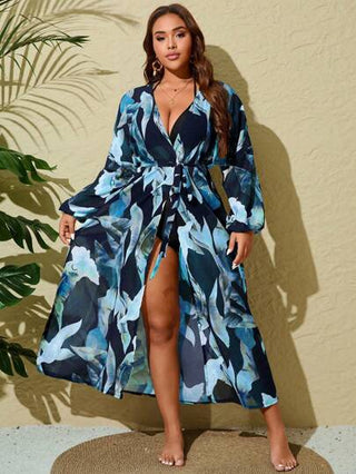 Swim Vcay كيمونو طويل مطبوع ذو أحزمة للنساء ذوات الحجم الكبير، غطاء أنيق للشاطئ والمنتجعات