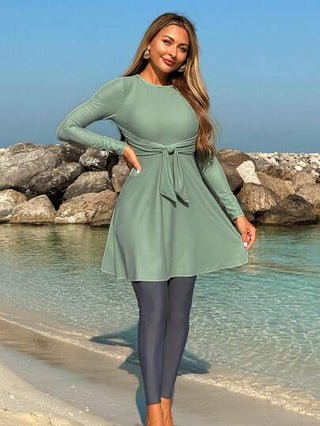 طقم تانكيني حريمي Swim Mulvari طقم بوركيني محتشم جديد، قطعتان ملابس علوية بأكمام طويلة وبنطال طويل للسباحة، يغطي الجسم، حماية من الأشعة فوق البنفسجية، ملابس سباحة محافظة للنساء العربيات/جنوب شرق آسيا مناسبة للصيف