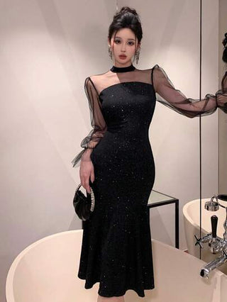 فساتين حريمي DAZY فستان سهرة طويل للنساء من شبك ولمعة مرقعة بطول متوسط، لحفلات السهرة وفساتين السهرة