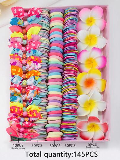 145 قطعة من ربطات الشعر الملونة للبنات ذات مرونة عالية وآمنة على الشعر، أطواق مطاطية لربط الذيل، وكبكبات أذن أرنب ودبابيس زهور، مجموعة من الاكسسوارات الشعر الجذابة للأطفال