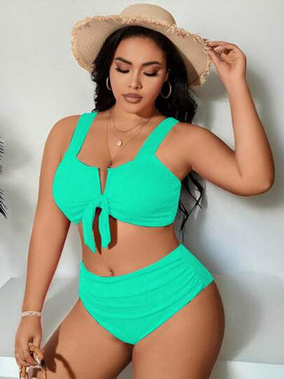 SHEIN Swim Curve طقم بكيني مقاس كبير للنساء ذو ياقة عقدة خضراء 2 قطعة