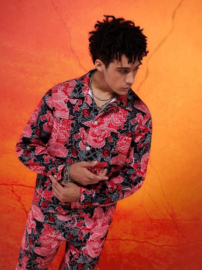 Mortal Kombat X SHEIN جاكيت شبابية وسطية كاجوال منقوشة بطباعة التنين الأسود والأحمر ذات جيب وظيفي