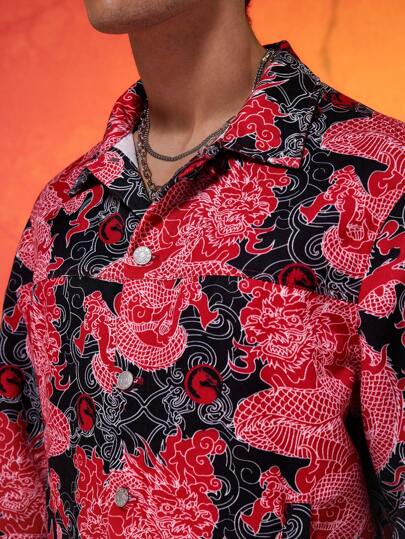 Mortal Kombat X SHEIN جاكيت شبابية وسطية كاجوال منقوشة بطباعة التنين الأسود والأحمر ذات جيب وظيفي