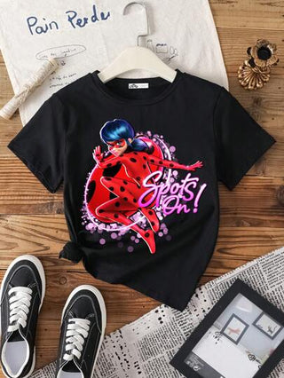 تيشيرتات بناتي Miraculous Ladybug X تيشيرت قصير الأكمام أسود مطبوع بشخصيات كرتونية وأحرف للفتيات المراهقات ، صيفي