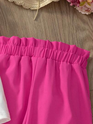 تيشيرتات بناتي طقم تيشيرت بأكمام مكشكشة ذات طبعة فراشة وليغنزات عادية لفتاة صغيرة، 2 قطعة