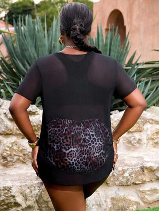 SHEIN Slayr CURVE 3 قطع مجموعة مقاس كبير: مطبوعات الفهد ، بلوزة بأكمام قصيرة مطبوعة مطبوعة مربوطة ، تونيك صيفي