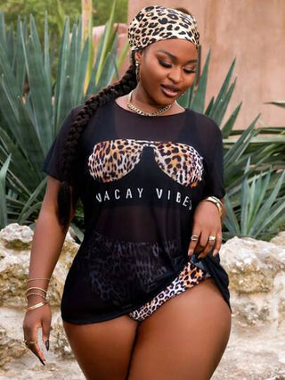 SHEIN Slayr CURVE 3 قطع مجموعة مقاس كبير: مطبوعات الفهد ، بلوزة بأكمام قصيرة مطبوعة مطبوعة مربوطة ، تونيك صيفي