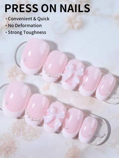 24 قطعة أظافر فرنسية قصيرة بيضاء بتصميم فيونكة وآللئ، تناسب جيداً لأظافر الاكريليك الزائفة. تحتوي على 1 قطعة غراء جيلي و 1 قطعة مبرد أظافر. أظافر فرنسية مناسبة للنساء والفتيات للاستخدام اليومي في العمل والدراسة والحفلات
