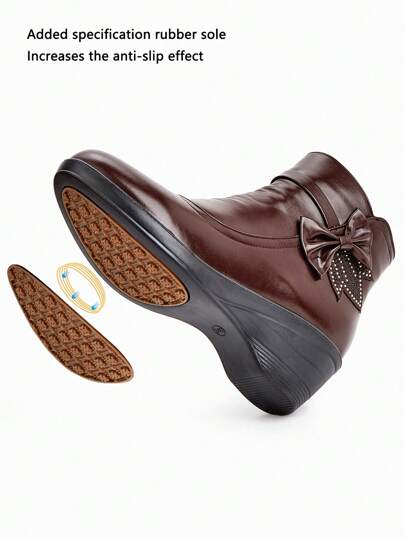 بوت كاحل للنساء مقاس كبير، ذات كعب وتد، من جلد صناعي، مزينة بفتحة وردية، معزولة ومقاومة للماء، سهلة الارتداء، لاية شتوية غير قابلة للانزلاق، سحاب، بوت مريحة