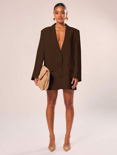 MUSERA بدلة سترة مكبرة مصممة بياقة مشرشرة أحادية الصدر أنيقة وبمظهر محترف للعمل والمناسبات الرسمية والكاجوال في فصول الخريف والشتاء، مناسبة للعمل والمناسبات الاجتماعية والحفلات والزفاف، بلون بني