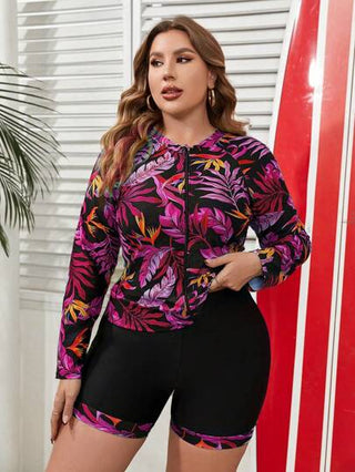 طقم تانكيني حريمي Swim SPRTY مجموعة ملابس علوية كم طويل مطبوعة بزهور وشورت مقاس كبير ،بذلة سباحة مكونة من ملابس علوية كاشفة الكتفين وسروال للنساء الأنيقة لارتداء الشاطئ في الصيف