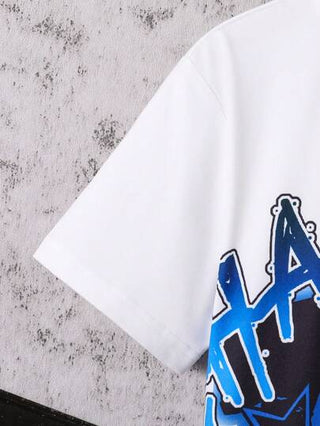 ملابس علوية قصيرة الأكمام برقبة مستديرة مطبوع عليها رسوم كرتونية، لبس يومي للصبية المراهقين