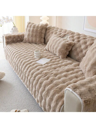 قطعة واحدة غطاء أريكة مزيف من فرو الأرنب، دافئ وسميك ومنع الانزلاق، واقي أريكة صديق للحيوانات الأليفة للنوم والمكتب وغرفة المعيشة وديكور المنزل في فصل الشتاء