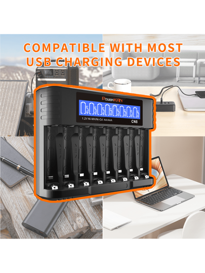 powerKAN شاحن بطارية AA AAA، 8 فتحات يمكنه شحن من 1 إلى 8 بطاريات AA AAA في نفس الوقت، تيار الخرج 500مللي أمبير*1 و إدخال USB-C، شاحن بطارية LCD لبطاريات قابلة لإعادة الشحن 1.2 فولت Ni-MH/Ni-CD AA AAA (مع كابل USB-C)