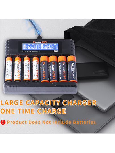 powerKAN شاحن بطارية AA AAA، 8 فتحات يمكنه شحن من 1 إلى 8 بطاريات AA AAA في نفس الوقت، تيار الخرج 500مللي أمبير*1 و إدخال USB-C، شاحن بطارية LCD لبطاريات قابلة لإعادة الشحن 1.2 فولت Ni-MH/Ni-CD AA AAA (مع كابل USB-C)