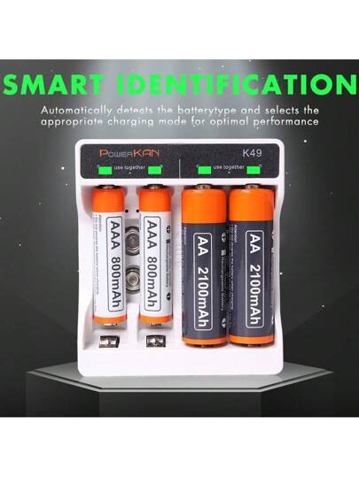 powerKAN شاحن بطاريات ليد صغير POWERKAN K49 لبطاريات قابلة للشحن AA AAA بجهد 1.2 فولت NiMH و 9 فولت، به قناتان للشحن السريع الذكي لشحن 2/4 من بطاريات AA/AAA NiMH قابلة لإعادة الشحن على التوالي، ويمكنه أيضًا شحن 1/2 بطاريات NiMH 9 فولت/8.4 فولت قابلة لإعاد