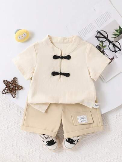 بذلة صبي رضيع للربيع/الصيف، ملائمة وكاجوال ذات طراز صيني "هانفو"، تدمج الراحة والموضة، مصنوعة من قماش عالي الجودة، تفصيل راقي، ملمس ناعم، مناسبة للأعياد التقليدية واليوم اليومي