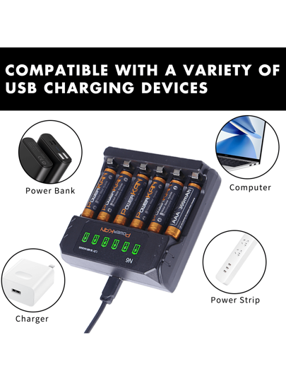 powerKAN شاحن ب-6 فتحات من النوع (AA, AAA) بتيار شحن مستقل 500مللي أمبير * 6 ،شحن سريع، مُزوَّد بمنفذ USB-C للإدخال، شاحن بطاريات قابلة للشحن من نوع Ni-MH/Ni-CD 1.2 فولت (شامل كابل USB-C)