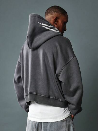 SUMWON بلوزة هودي ذات طبعة مشتعلة باهتة، مقاس كبير، أسلوب رياضي، للشتاء والخريف، إطلالة أنيقة وراحة في الارتداء، ملابس رياضية خارجية